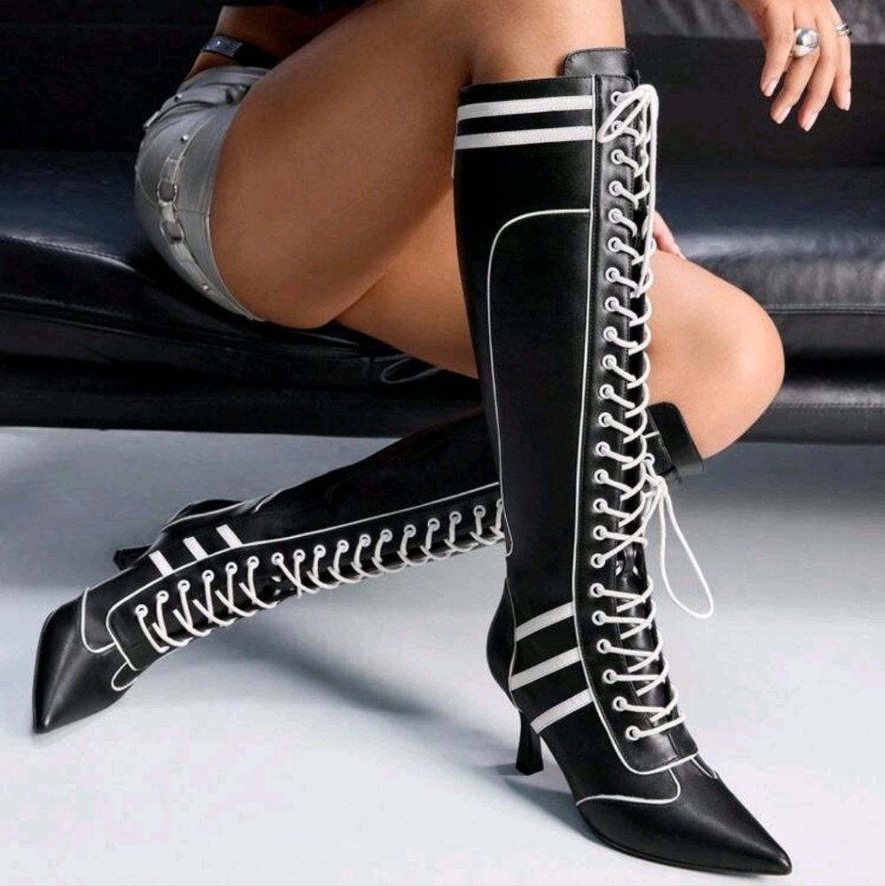 Women's Pointed Toe Lace-Up Black & White Contrast Design Knee-High Boots,Fashio